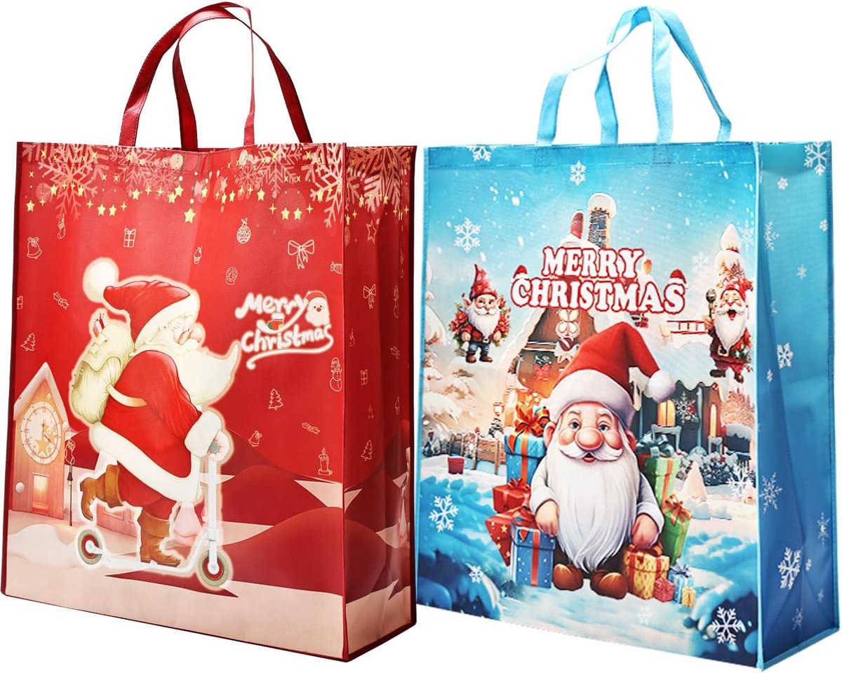 Jumbo Size Christmas Tote Bags: geschenktassen van vlies met handvat 2 stuks 60 x 55 x 20 cm rode en blauwe boodschappentassen met feestelijk ontwerp voor grote geschenken