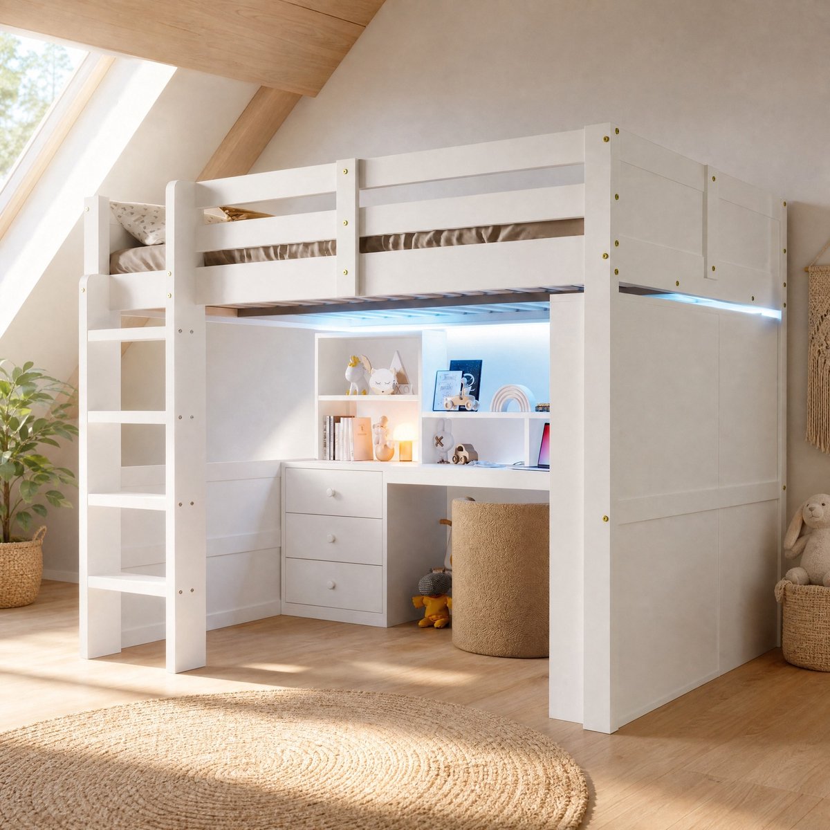 WUVRIE Hoogslaper 140x200 cm met bureau, kledingkast, 3 lades, ledverlichting en opbergruimte, wit