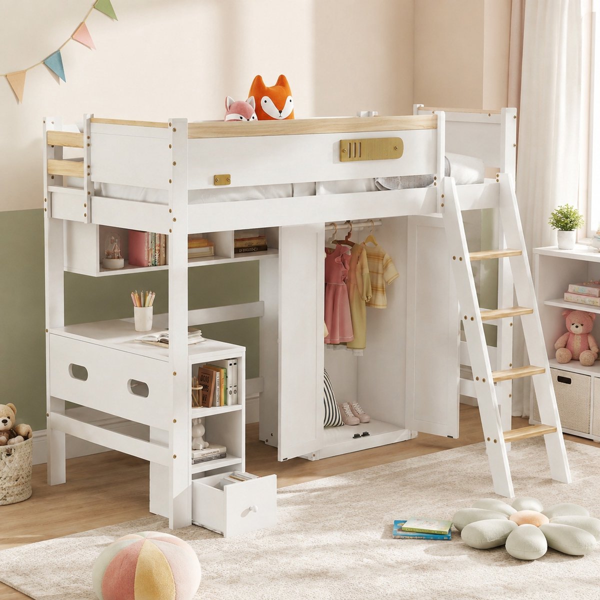 WUVRIE Stapelbed 90x200 cm met bureau, kledingkast, open vakken en veiligheidshek, wit/naturel