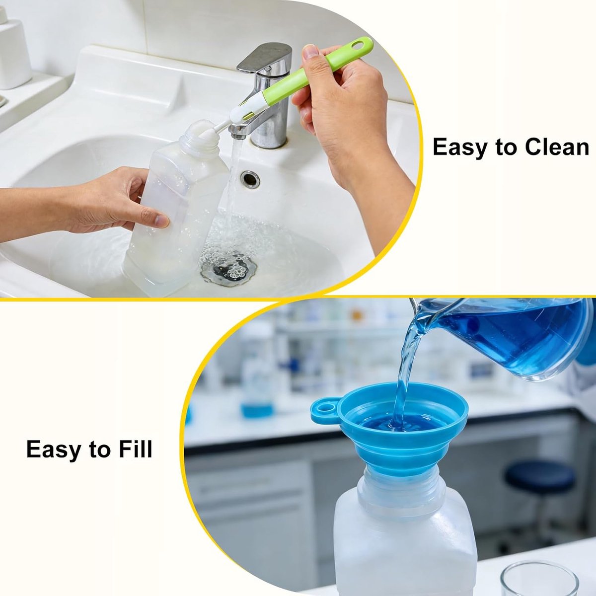 3x1000ml Brede Mond Flessen met Schroefdop, Plastic Flessen HDPE, Lege Chemische Fles met Siliconen Trechter, Reinigingsborstel, Stickers, laboratoriumfles voor Laboratorium, Keuken en Hobby