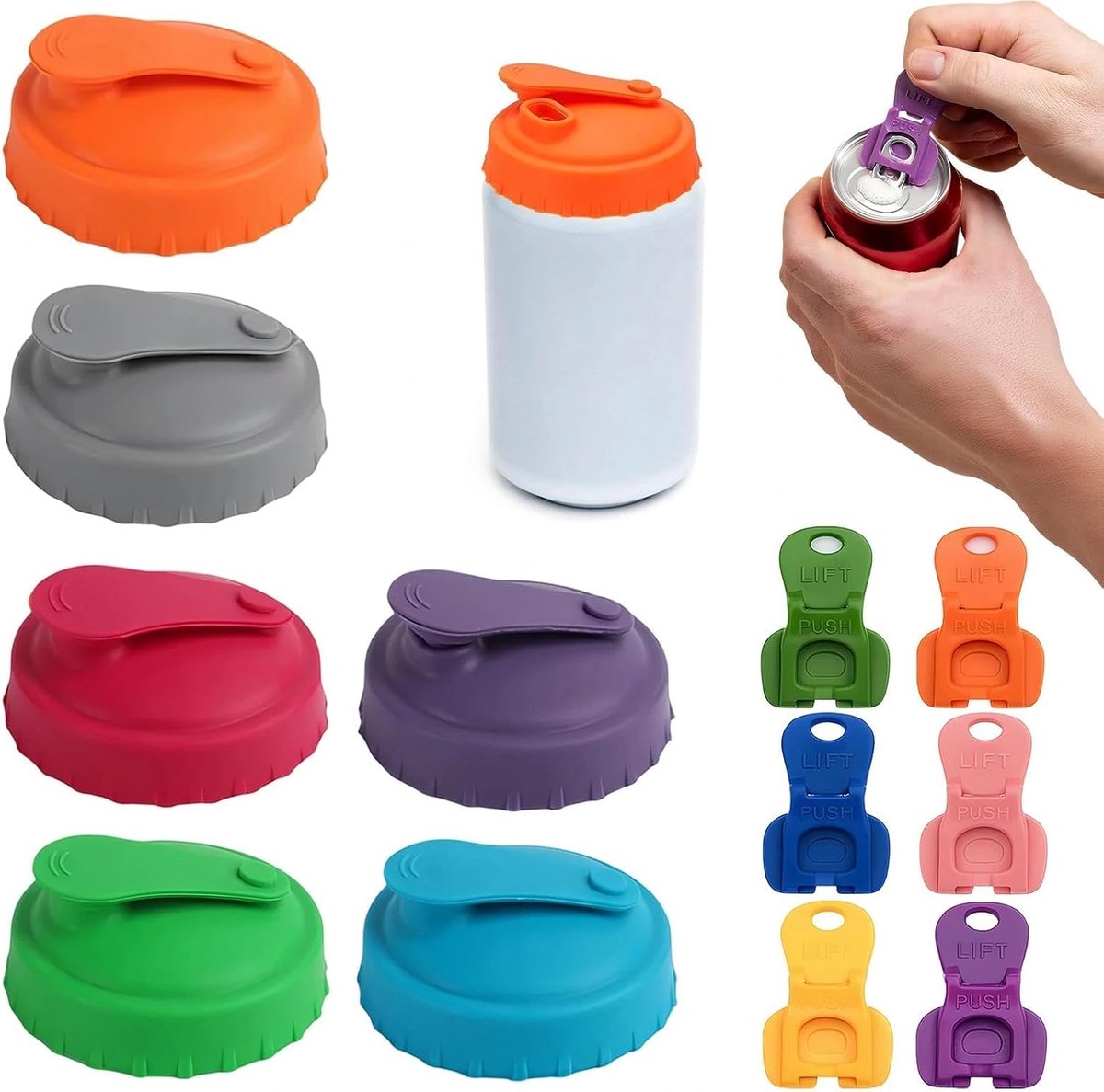 6 stuks soda-blikjesdop en 6 blikopeners, kleur deksel voor siliconen blikjes, voor feestjes, kamperen en reizen