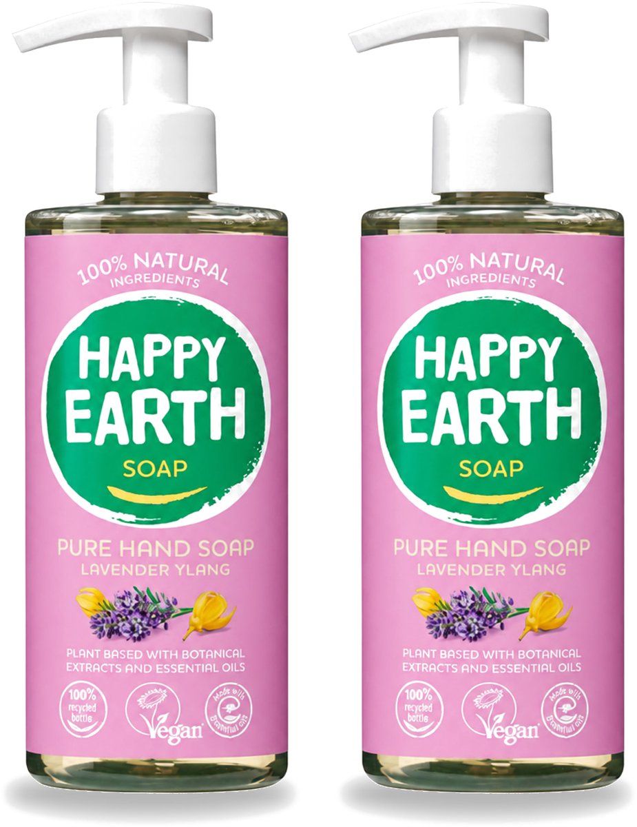 2 x Happy Earth – Handzeep – 100% Natuurlijk Lavender Ylang – 300 ml - Voordeelverpakking - 2 stuks
