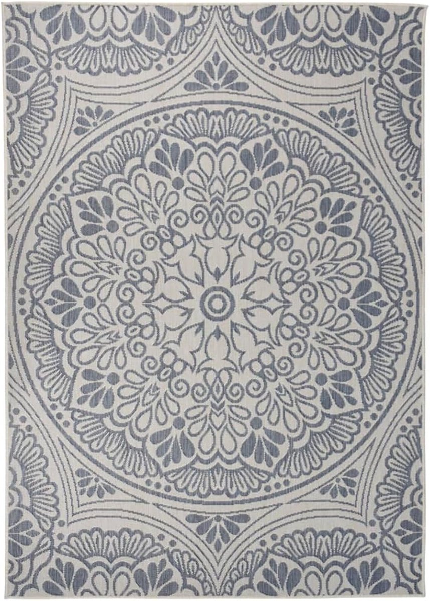 tapijt, plat weefsel, blauw, 140 x 200 cm, weerbestendig, uv-bestendig, voor terras, balkon, tuin, binnen, van 100% polypropyleen