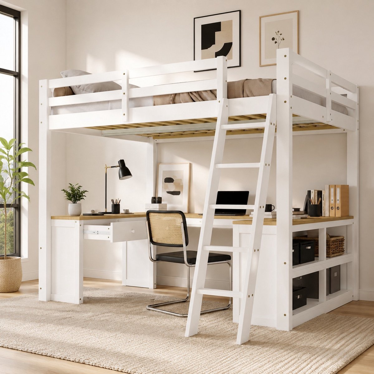 WUVRIE Hoogslaper 140x200 cm met bureau, 2 lades, opbergrek en schuine ladder, wit/naturel