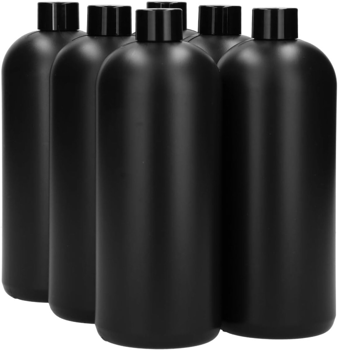 6 x 1000 ml ronde fles HDPE zwart + Schroefdop zwart - BPA Vrij - Niet Breekbaar - Plastic Flesjes Navulbaar - Met Dop - Lege Flessen - 6 stuks