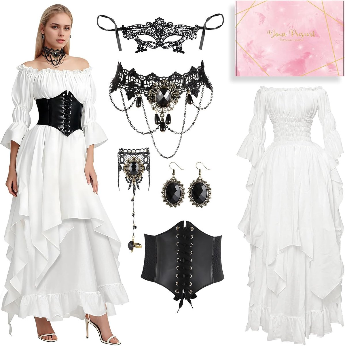 jurk met trompetmouwen, middeleeuwse damesjurk met uitlopende mouwen, renaissance, lange jurk voor carnaval, Halloween, feest en als prinsessenkostuum