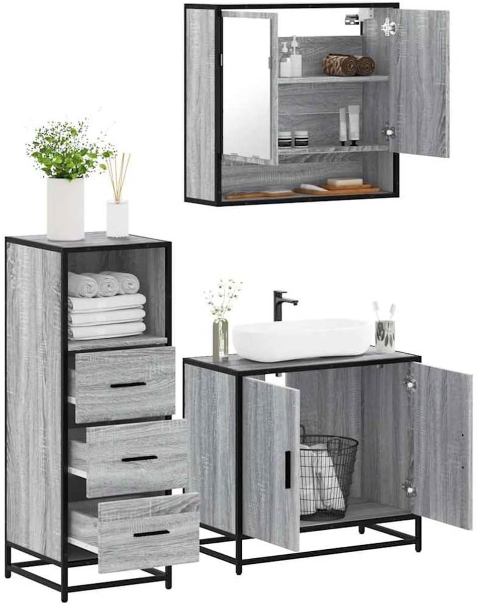 3-delig badkamermeubelset grijs Sonoma houtmateriaal met metalen frame en