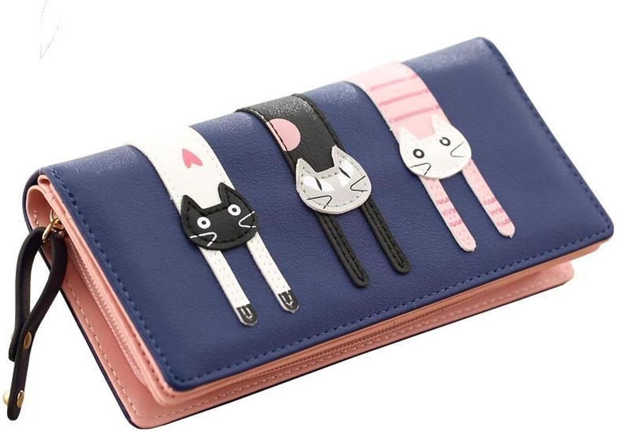 Kat Portemonnee, Decoratieve Kleine Portemonnee, Lang Rits Mini Portemonnee, Lange Geldclip, Cadeau voor Meisjes (koningsblauw)