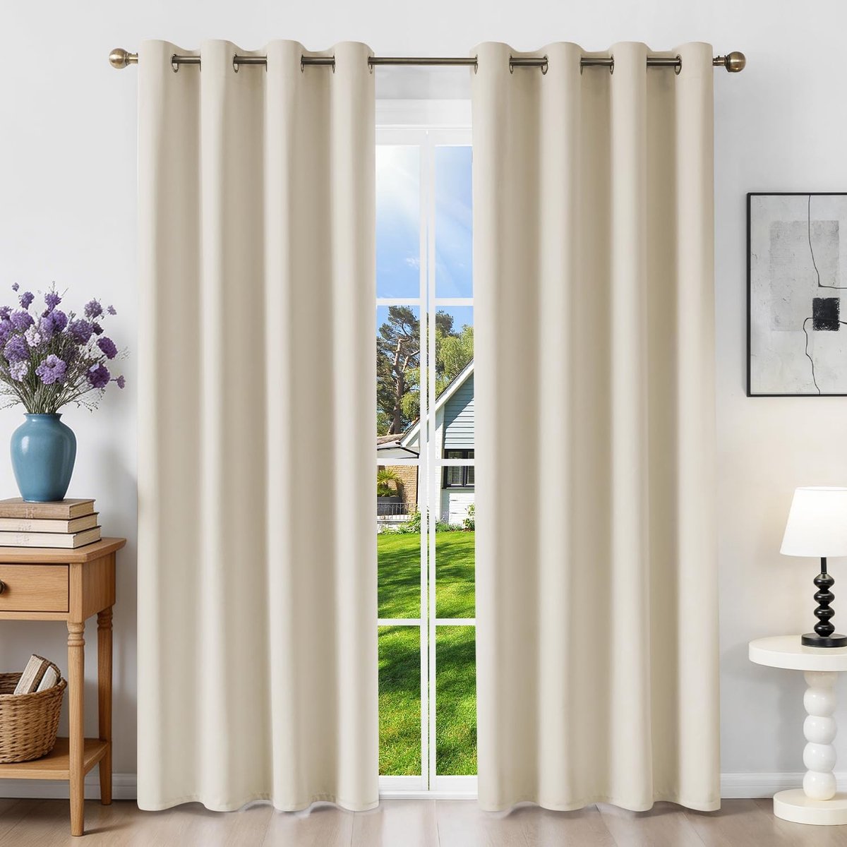 Verduisteringsgordijn, isolerend, tegen kou, 140 x 200 cm (b x h), 2 stuks, ondoorzichtig, lichtbeige, met oogjes, hittebescherming, uv-bescherming, lawaai, voor binnen, decoratie
