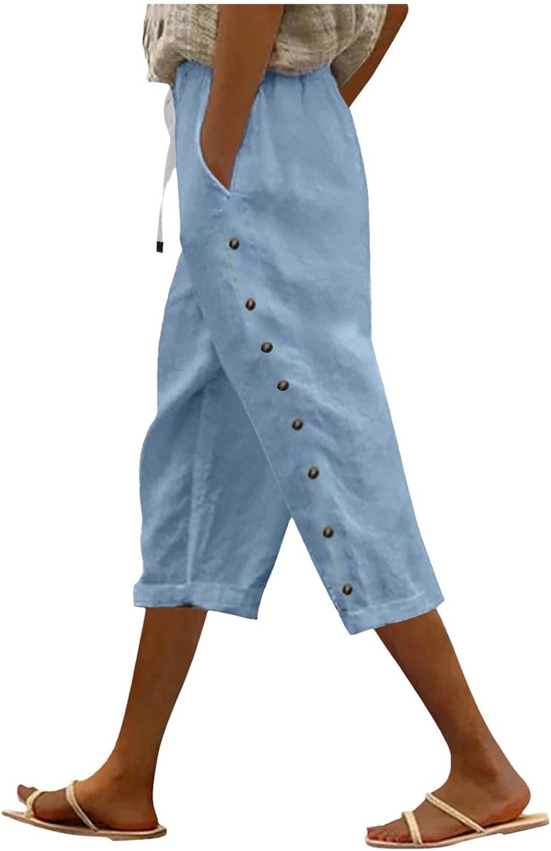 Zomerbroek voor dames, effen, elastische tailleband, los, knopen aan de zijkant, decoratie, capri, veelzijdig, casual