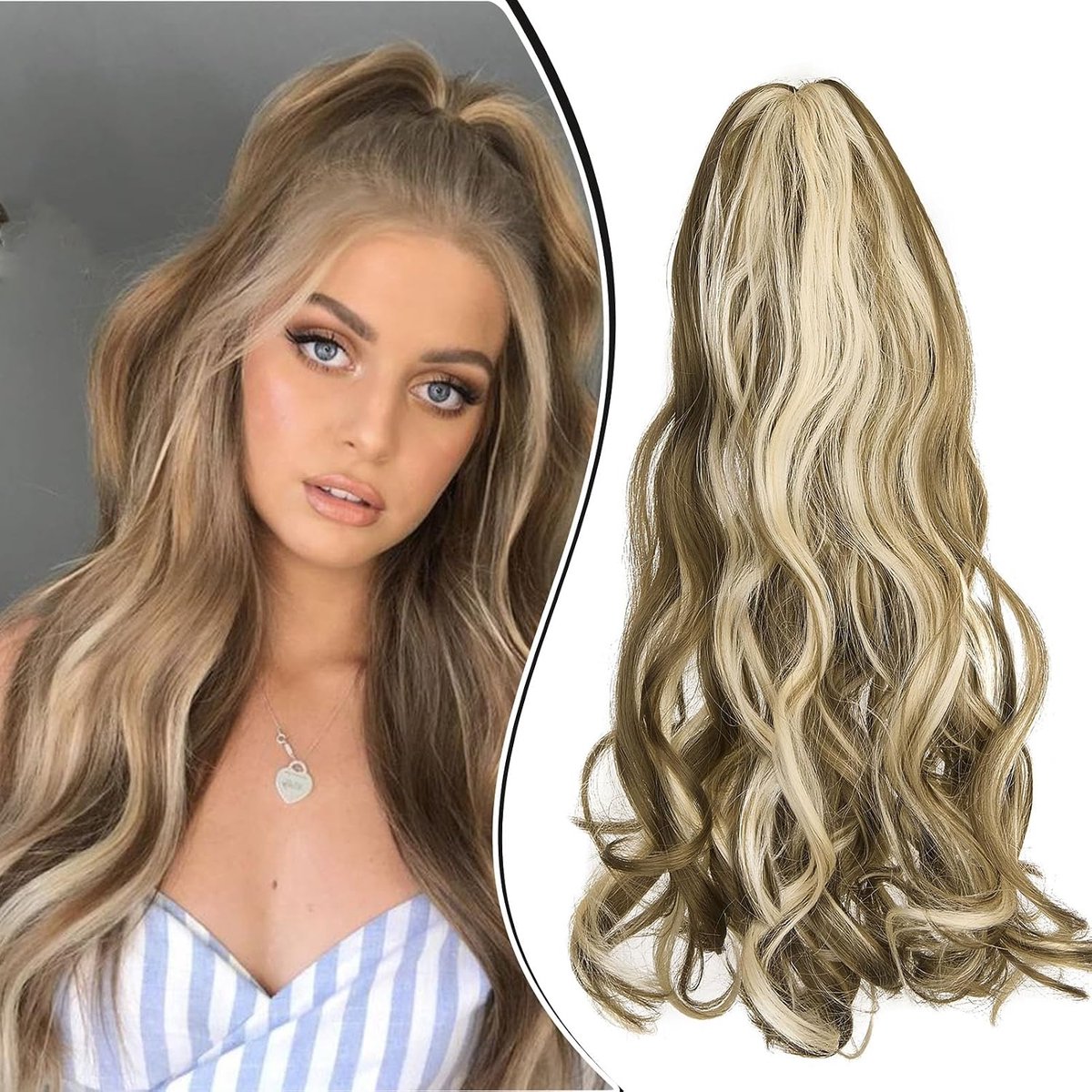45cm Paardenstaart Haarstuk Vlecht Verlenging Klauw Golvende Lange Paardenstaart Extensies Haarverlenging Synthetische Clip in Ponytail Haarextensies 150g, Goudbruin/Blondvoorn Blond