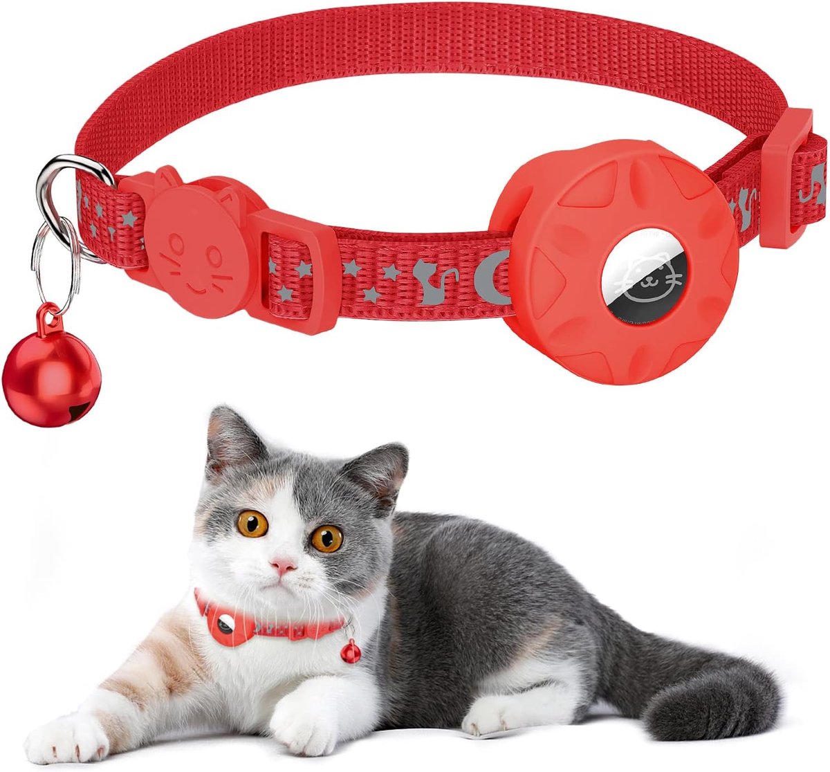 Kattenhalsband, geïntegreerde kattenhalsband AirTag met AirTag-houder en bel, reflecterende kattenhalsband met afneembare veiligheidsgesp voor kittens puppy's (rood)
