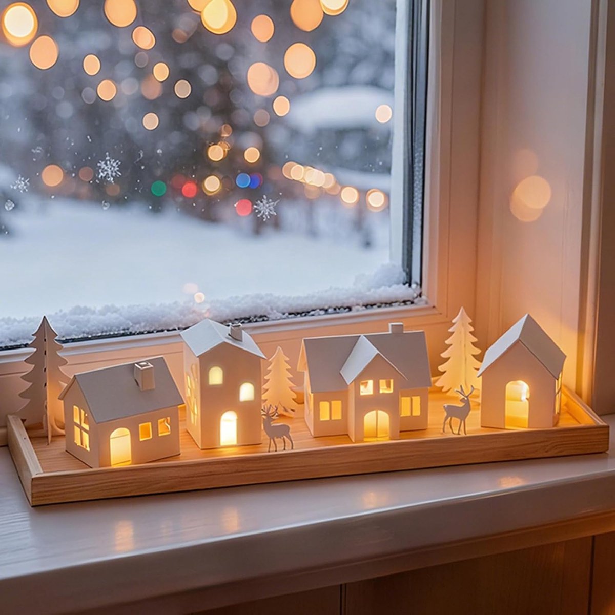 Christmas Village Tafeldecoratie: 4 Metalen Huisjes Kaarshouders met 4 LED Kaarsen - Winterscène Set met Houten Dienblad voor Vakantie Huisdecoratie en Cadeau