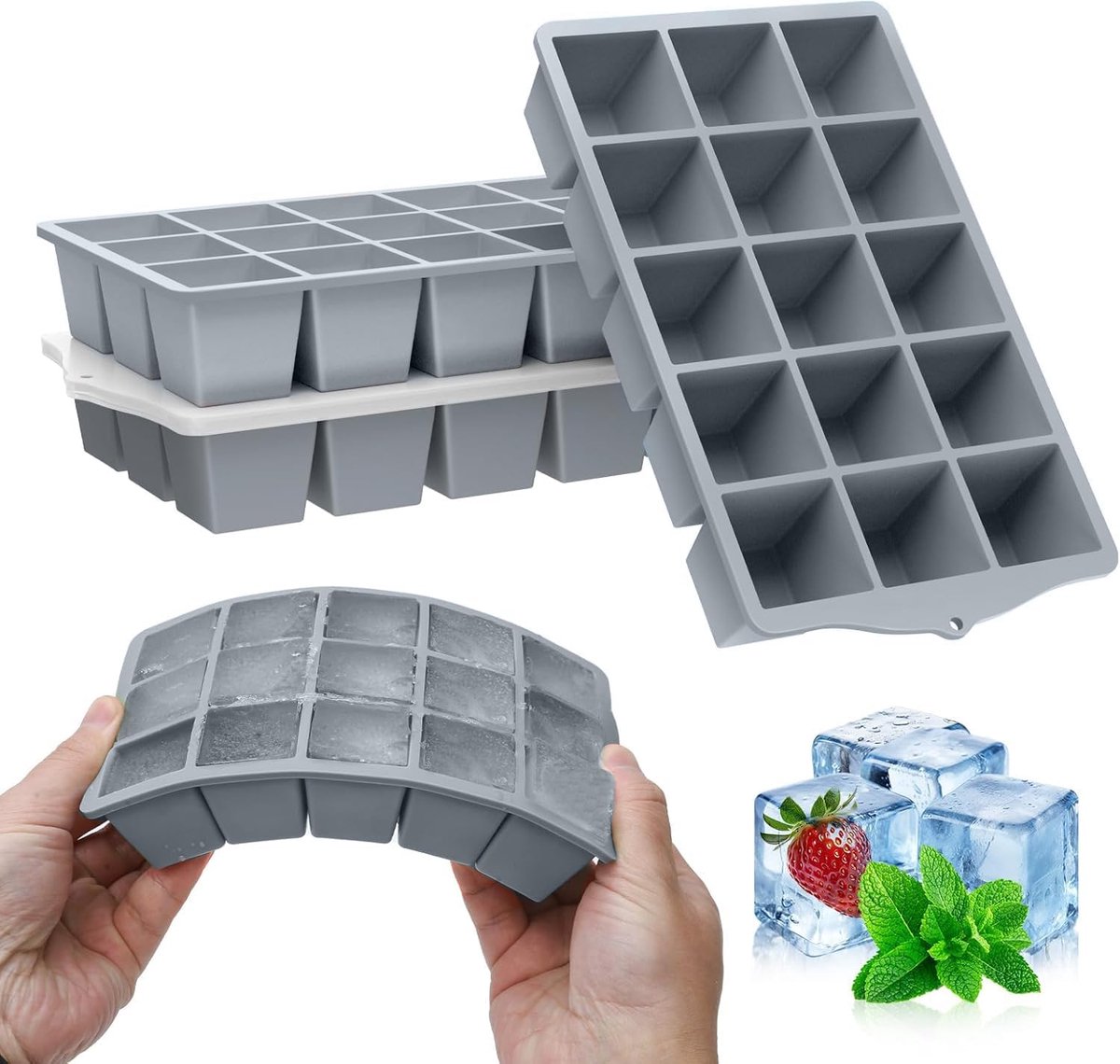 IJsblokjesvorm met deksel, ijsblokjesvormen van siliconen, BPA-vrij, ijsblokjeshouder voor vriezer, stapelbaar, voor cocktails, whisky, wijn, fruitpuree (grijs, 4 stuks)