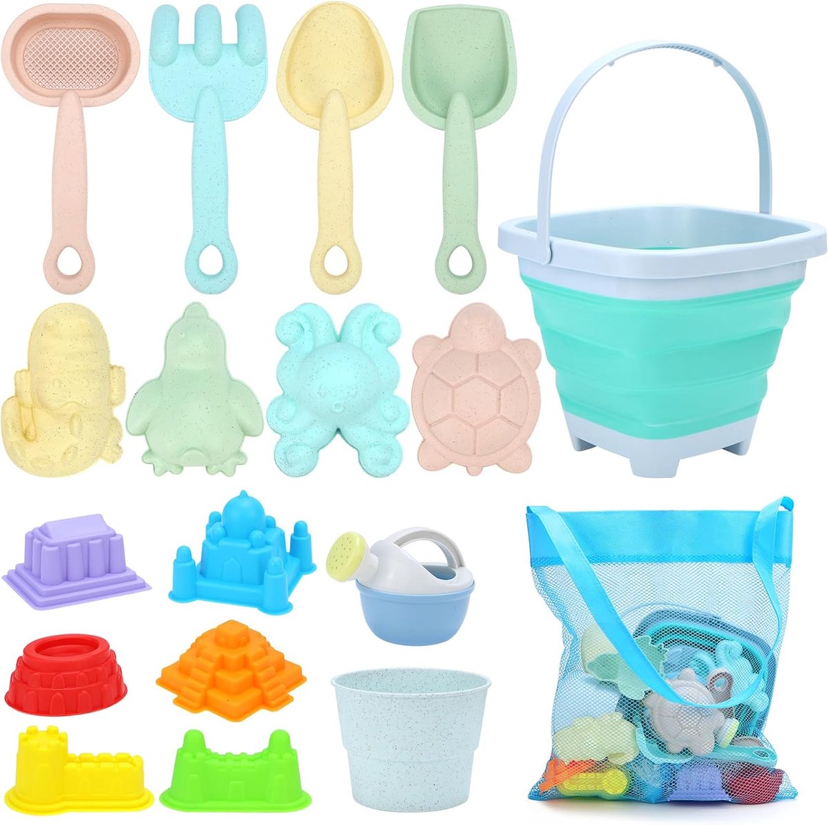 Zandspeelgoed, strandspeelgoed voor kinderen, 18 stuks, zandspeelgoed, set zandbakspeelgoed met emmer, spade, zandvormpjes, zandspeelgoed vanaf 2, 3, 4, 5 jaar