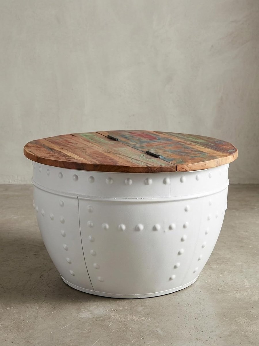 Rond Ø60 cm mangohout massief opklapbaar, bergruimte, wit