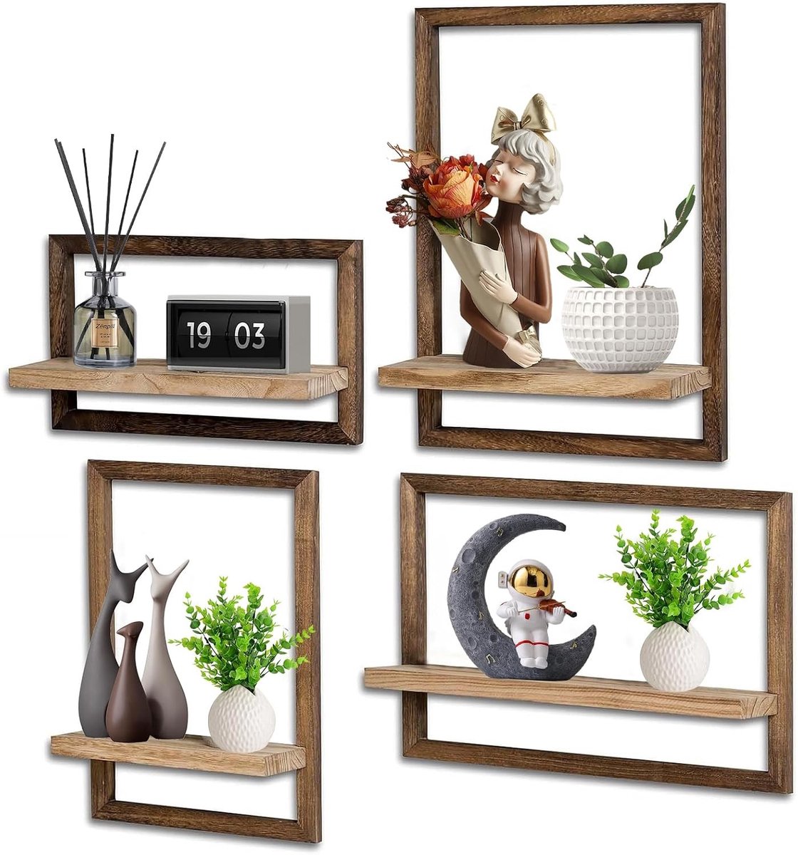 4 Stuks Houten Floating Shelves, Multifunctionele Wandplanken, Decoratieve Solid Wood Planken voor Keuken, Badkamer en Woonkamer, Ruimtebesparend en Stijlvol