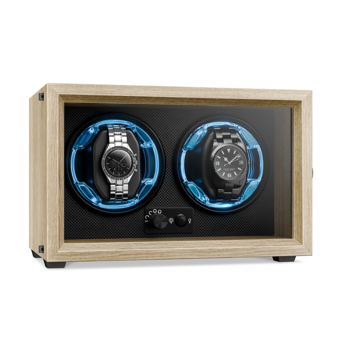 Klarstein Brienz 2 Horlogewinder – Stille horlogewinder voor 2 horloges in houtlook met 4 rotatiestanden en ledverlichting, traagschuimkussens en USB-aansluiting.