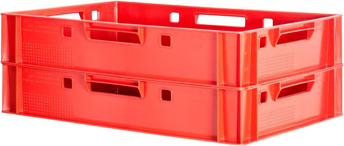 2 stuks E1 vleeskisten, rode kisten, Eurobox, voedselveilig, slagerkist, box, opbergdoos, kunststof, stapelbaar, 60 x 40 cm Kingpower