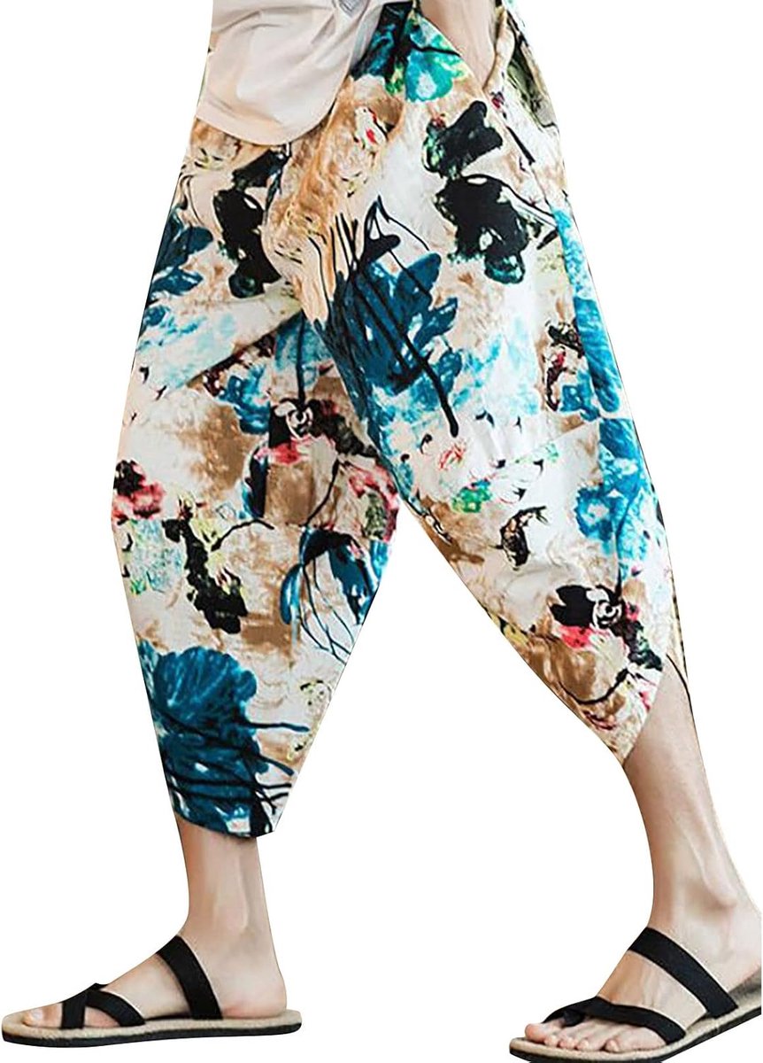 Heren linnen harembroek capribroek licht losse 3/4 shorts trekkoord elastische taille casual strand yoga