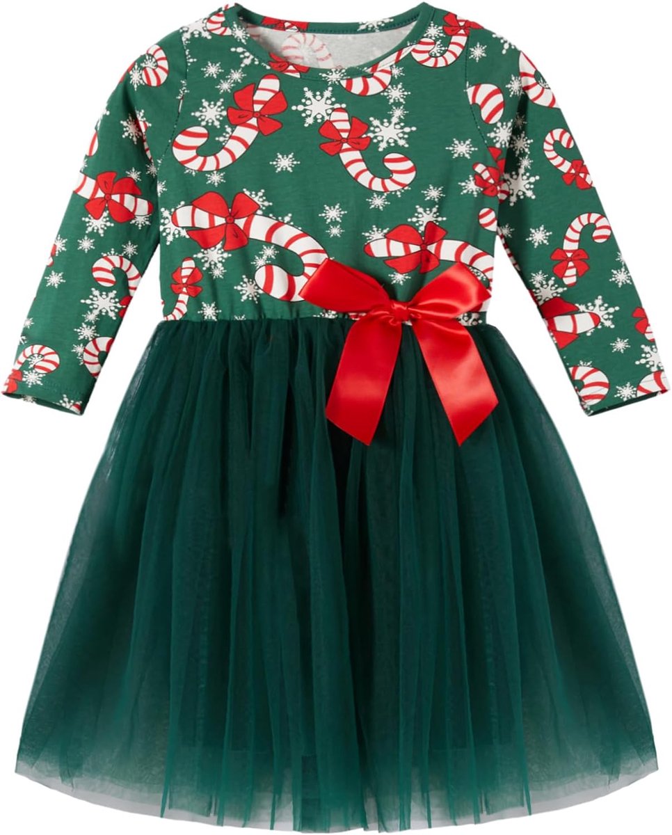 jurl voor kleine meisjes, Kerstmis, kleine kinderen, lange mouwen, groen tule, tutu, feestjurk, Xmas, prinsesoutfits voor 2-6 jaar