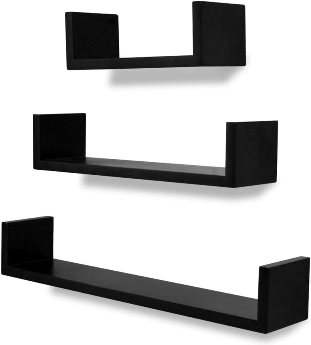 Wandrek Kruidenrek Muur Badkamer Plank Boekenplank - 3-delige Wandplankset U-vorm voor Boeken DVD MDF Zwart voor Badkamer Keuken Woonkamer Balkon