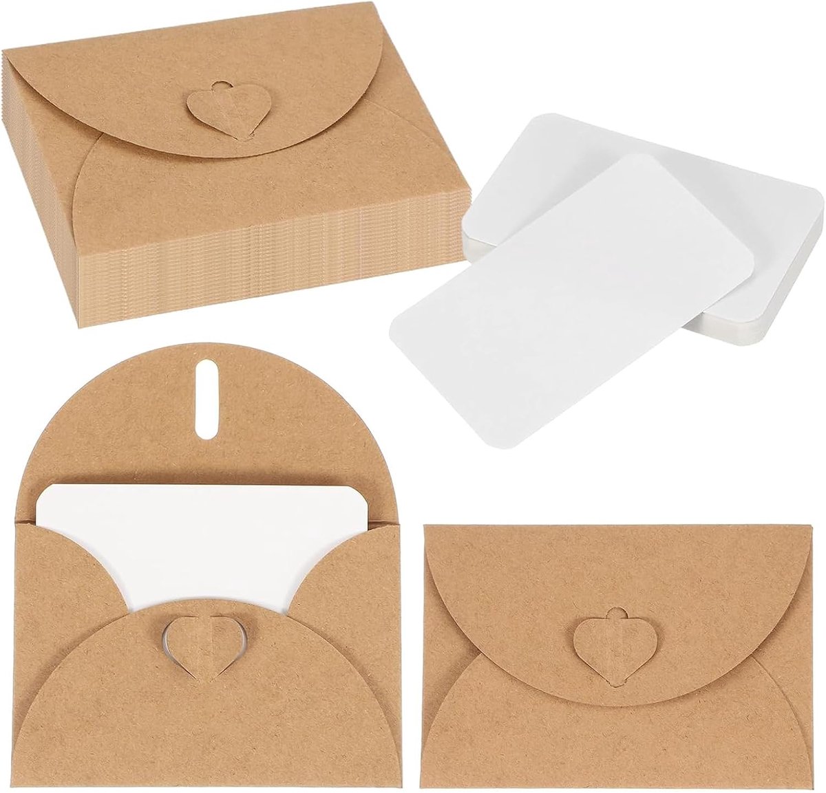 50 setjes mini-enveloppen met kaartjes, kraftpapieren enveloppen met hartvormige sluiting, 10,5 x 7 cm, kleine kaartjes om op te schrijven, voor cadeaubonnen, bruiloften, bedankkaartjes,