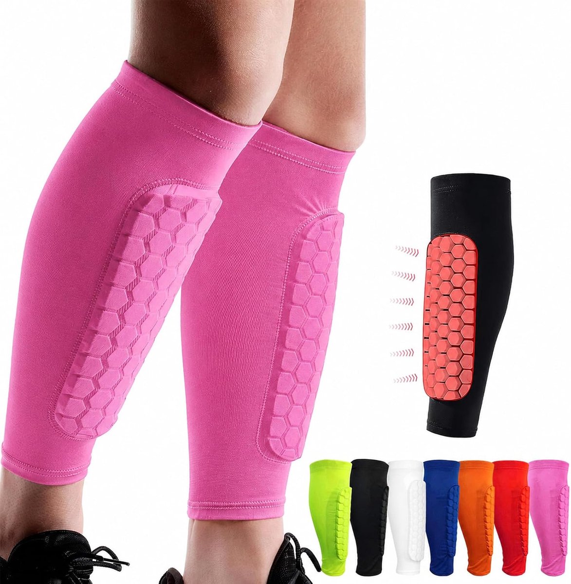 Shin Guards Pads, Honingraat Compressie Mouw Voetbal Scheenbeschermers voor Jongens, Tieners en Volwassenen, Voetbalverdediger Pads met Superieure Impact Absorptie, Lichtgewicht