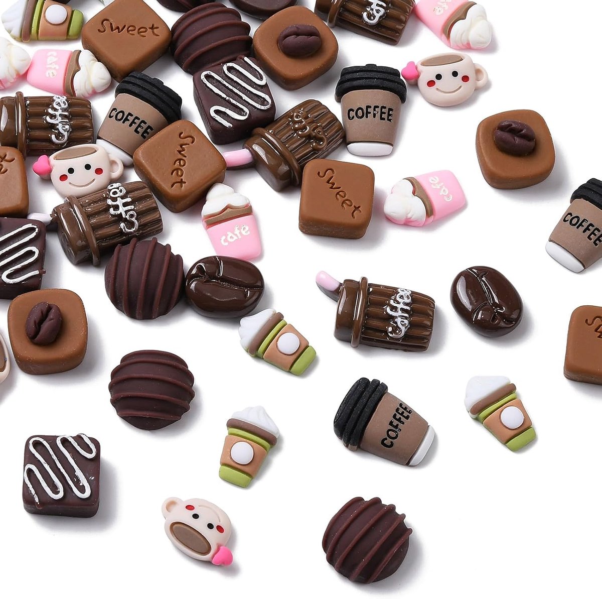 50 stuks 10 stijlen Koffie Thema Hars Cabochons Chocolade Kleur Flatback Nagel Bedels Bruine Koffie Bonen Kop Slime Bedels Bulk voor Knutselen Haarspeldjes Decor Accessoires