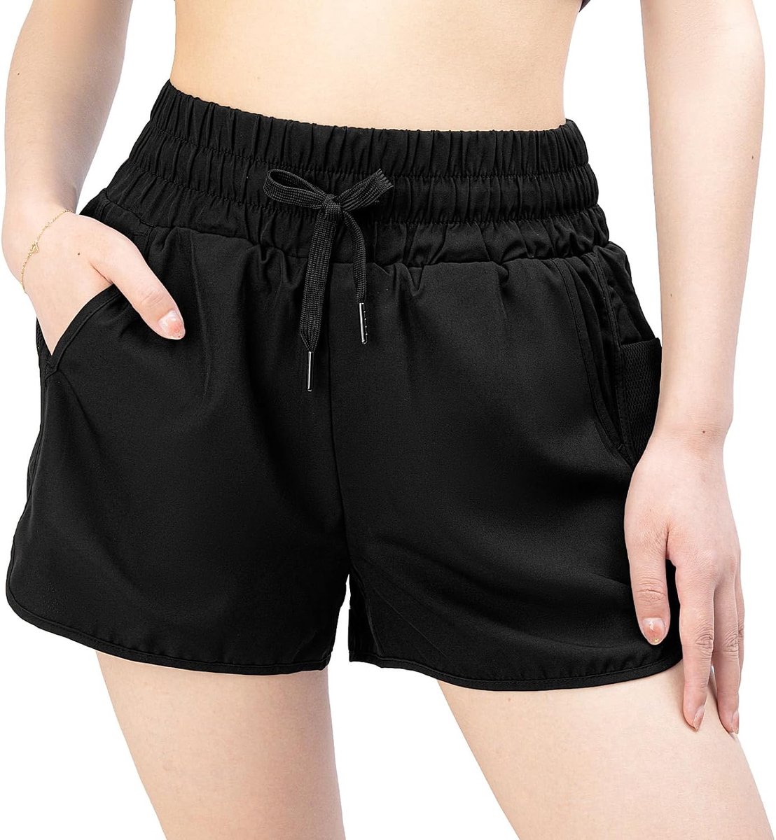 Zwemshort voor dames, hoge taille, sneldrogend, boardshorts voor dames, met verstelbare trekkoord, surfshorts met broek en zakken