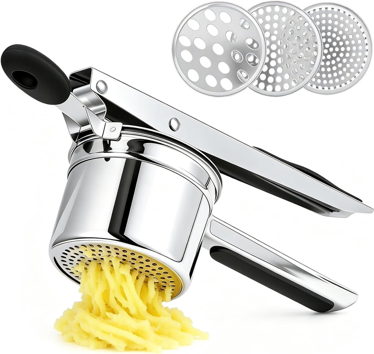 Aardappelstamper, handmatig, 4 verwisselbare schijven voor groenten, puree, fruit