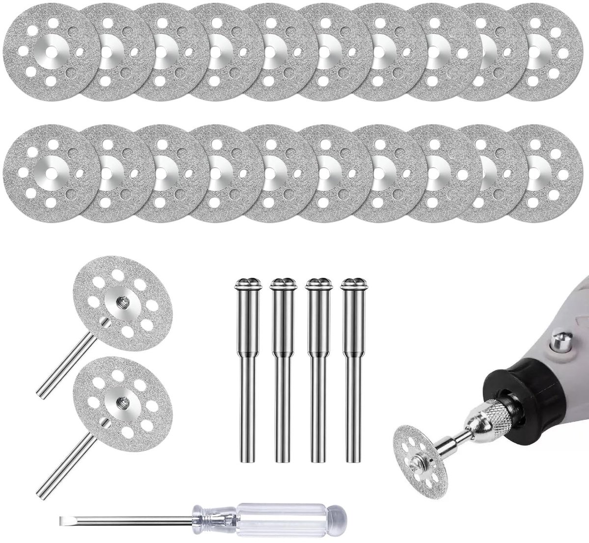 Diamantschijvenset, 22 mm, 20 mini-diamantschijven voor roterend gereedschap, met 4 boorkoppen en 1 schroevendraaier inbegrepen, voor steen, glas, tegels, keramiek, plexiglas en sieraden