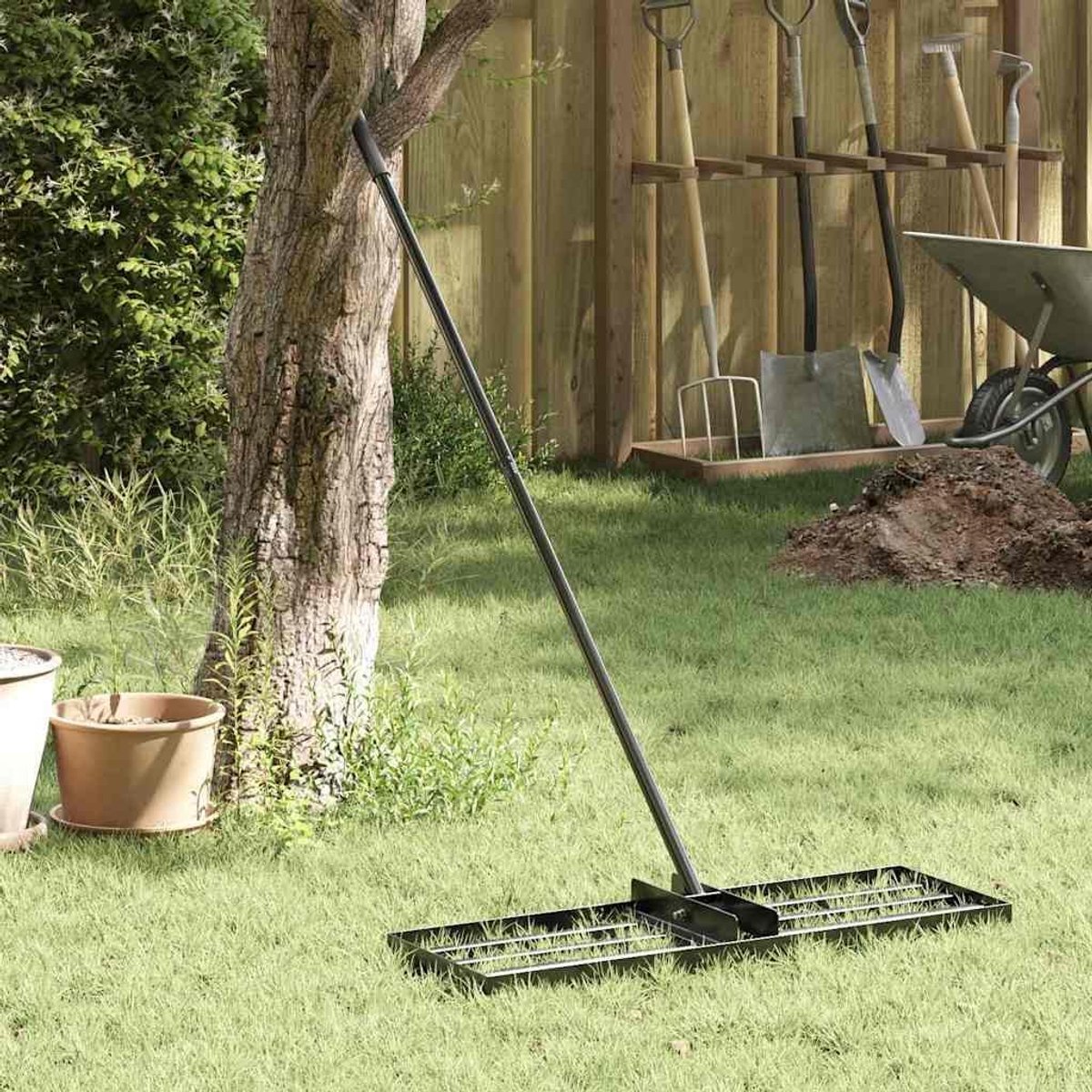 Tuinnivelleringshark voor gazon, bodemvlakhark van gepoedercoat staal, 75 cm brede gazonhark voor topdressing en zandverdeling, afneembare steel