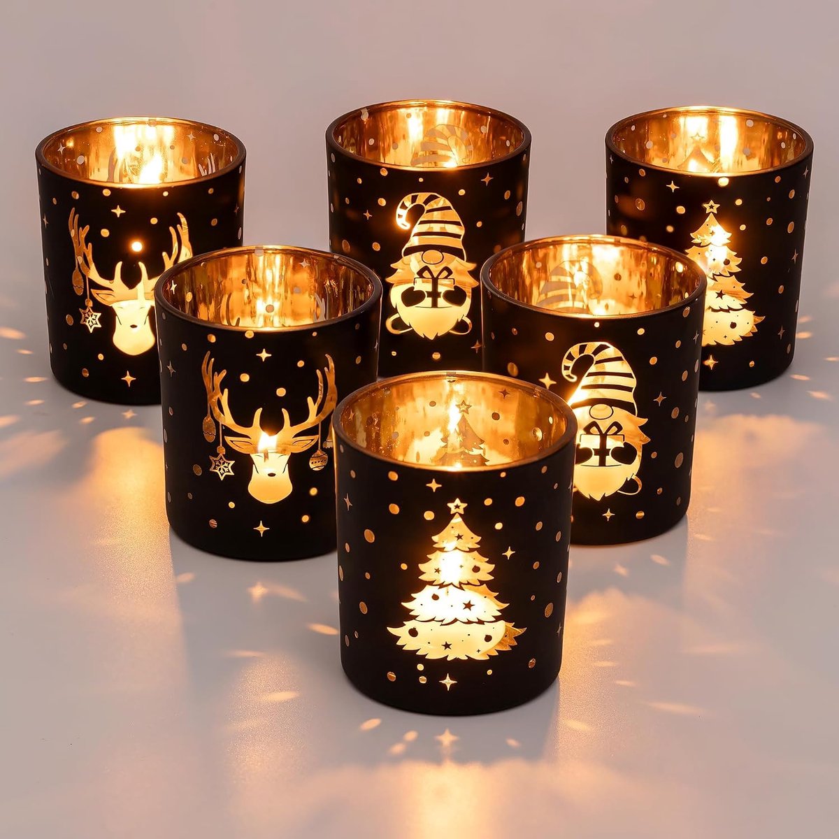 Theelichthouder Kerstmis voor tafeldecoratie Kerstmis: set van 6 zwarte kerstglazen kandelaars voor kerstdecoratie theelichtglazen voor decoratie Kerstmis woonkamer party tafelstuk open haard