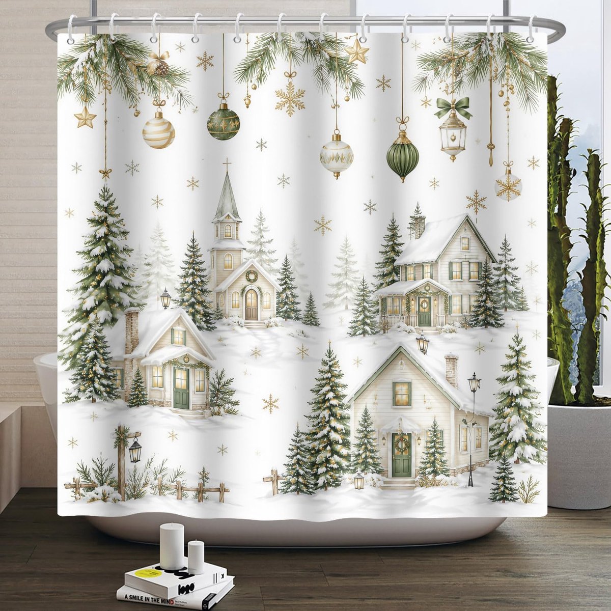150 x 180 cm, kerstdouchegordijn, boerderijstijl, kerstdorp, besneeuwd, dennenhut, badgordijn, winter, vrolijk kerstfeest en gelukkig jaar, decoratieve gordijnen voor badkamer