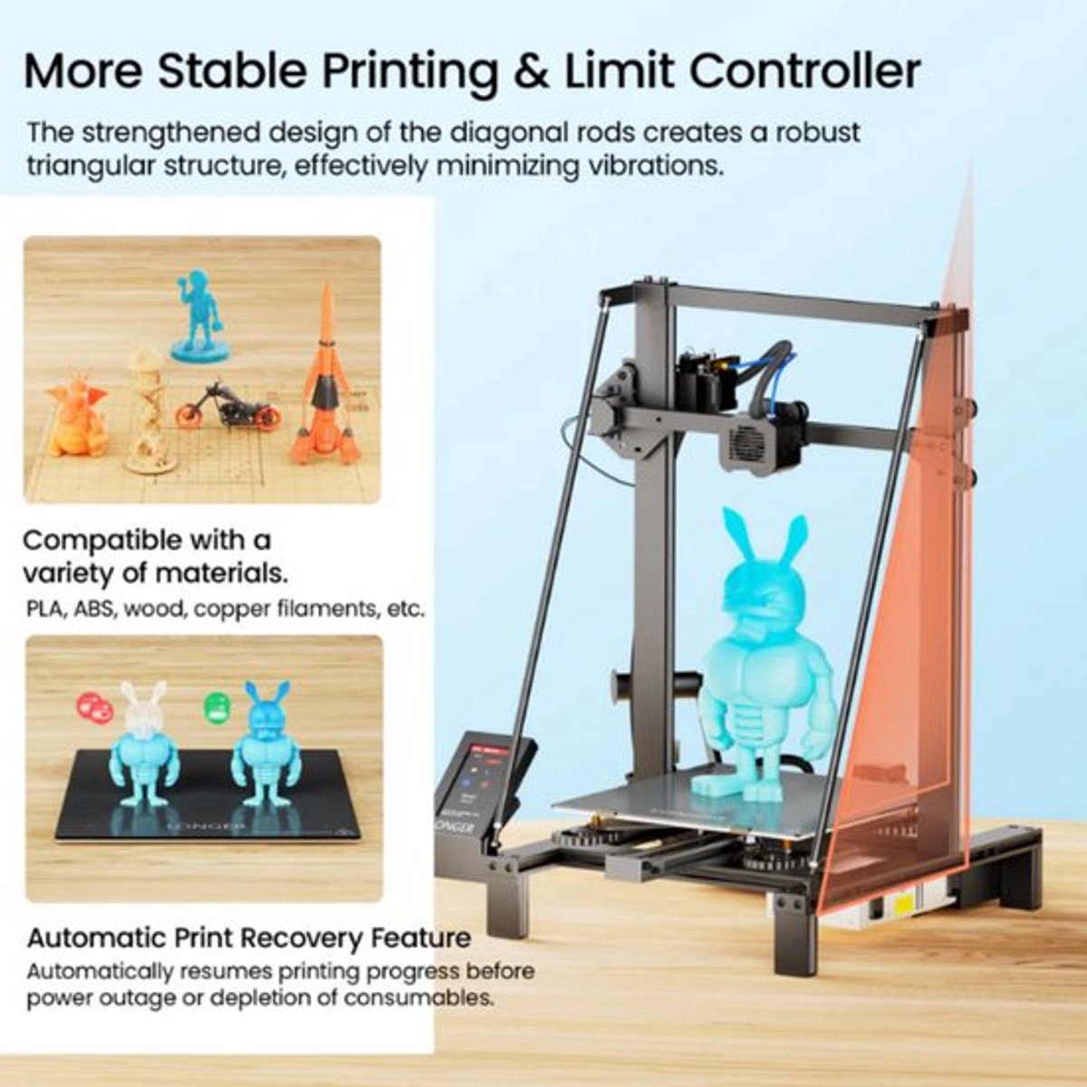 3D Printer Longer LK5 Pro - Groot Bouwvolume 300x300x400 mm - FDM Technologie - Metaal - Tafelblad - 4,3 Inch Kleurenscherm