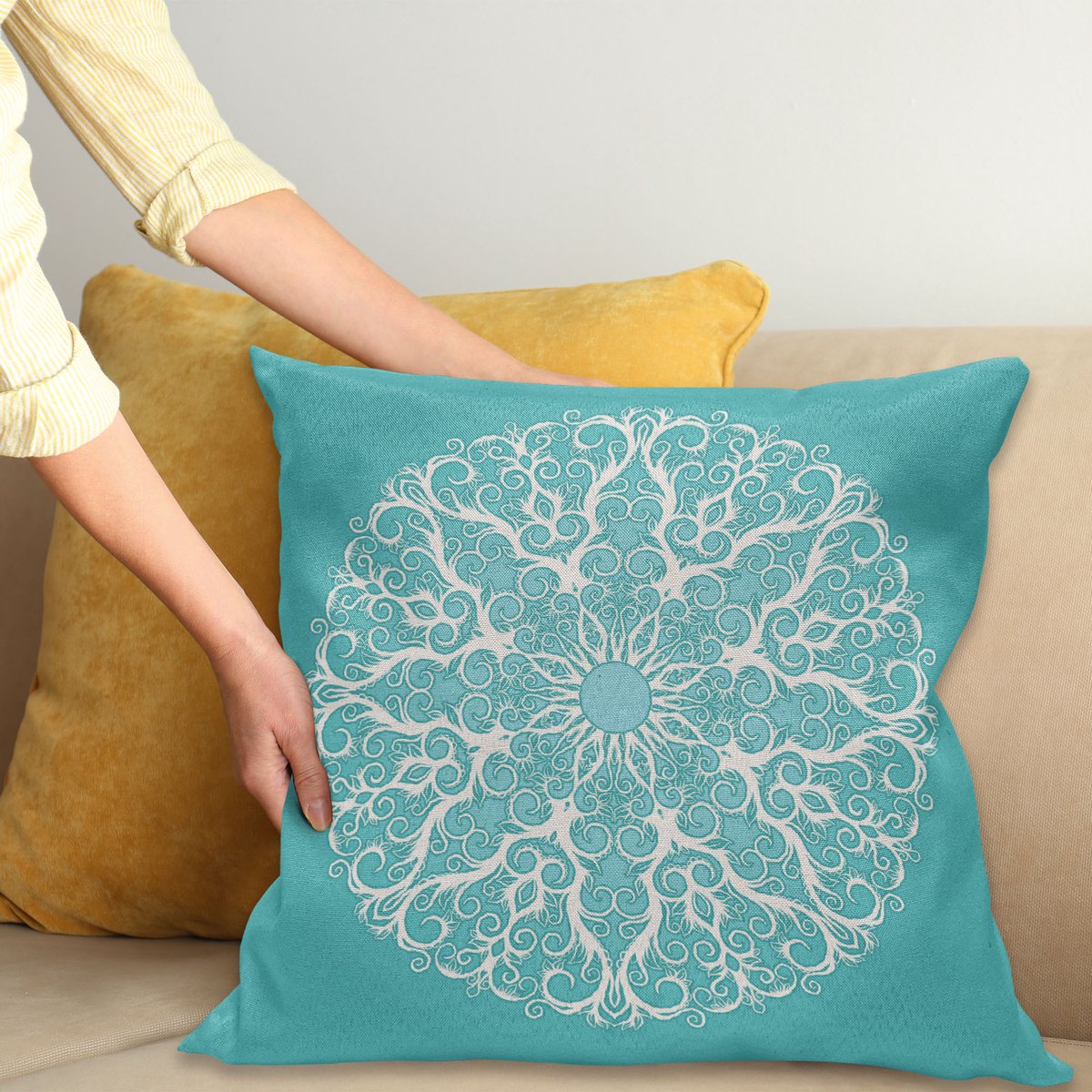 ABAKUHAUS Turquoise Sierkussenhoes, Round Curving Boom Takken Patroon Infinite Cirkel Symmetrical Cuves Bloemen Ontwerp, Decoratieve Vierkante Sierkussenhoes, 100 x 100 cm, Wit