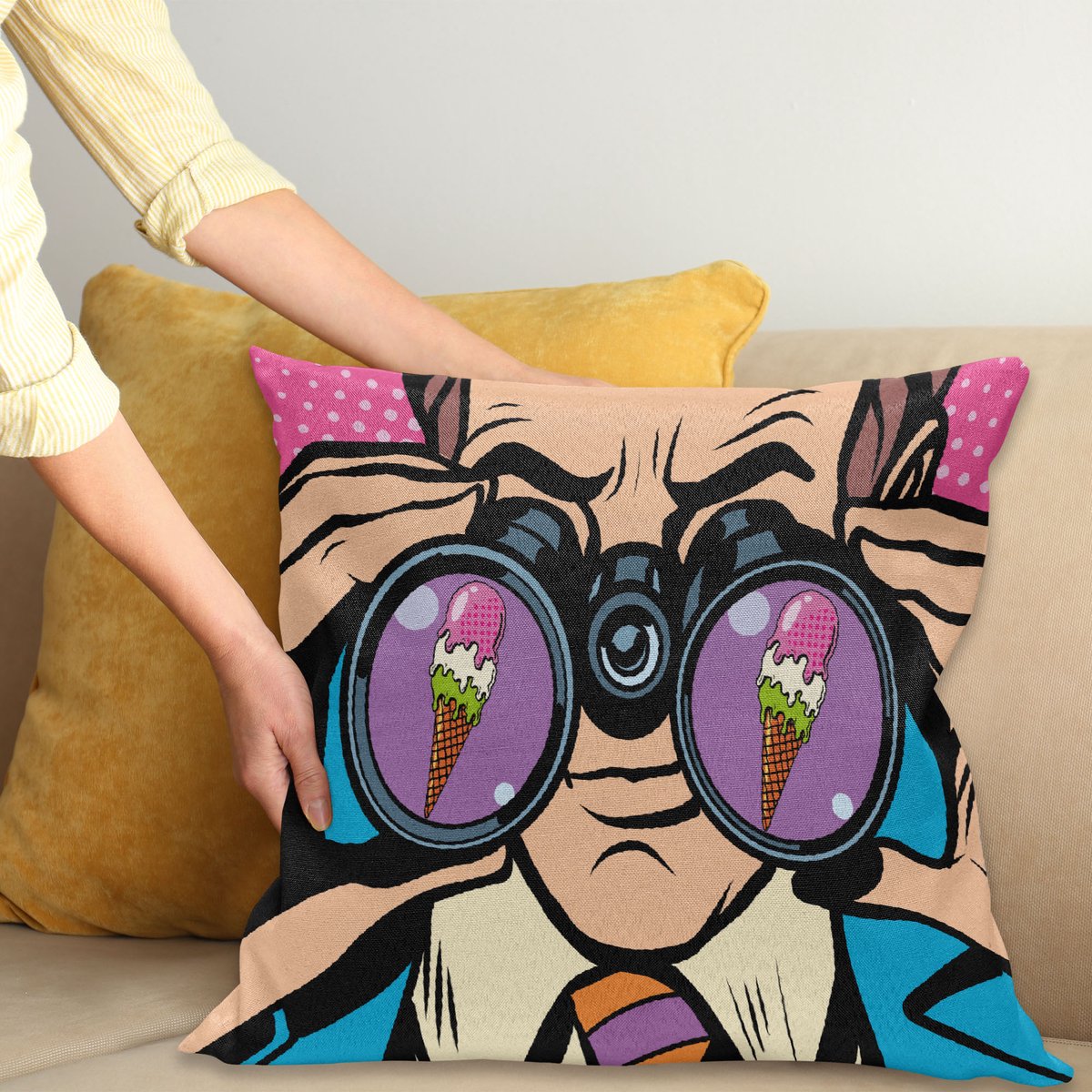 ABAKUHAUS Comics Sierkussenhoes, Business Man Wants Ice Crème Pop Kunst Retro Stijl Parody Humor Cartoon Illustratie, Decoratieve Vierkante Sierkussenhoes, 45 x 45 cm, Roze Blauw