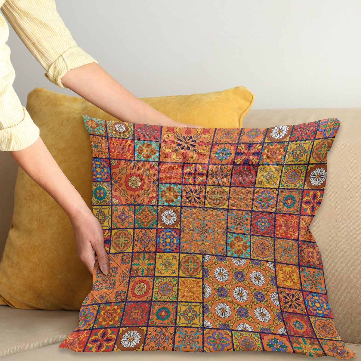 ABAKUHAUS Moroccan Sierkussenhoes, Group van Moroccan Geometrisch Patronen Bloemen Ornamenteel Patchwork Print, Decoratieve Vierkante Sierkussenhoes, 40 x 40 cm, Goudsbloem Oranje