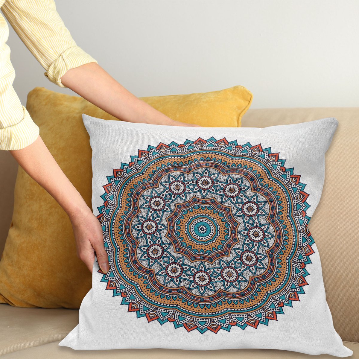 ABAKUHAUS Mandala Sierkussenhoes, Vintage Moroccan Hidden Mean Diagram met Natuur Harmony Vorm, Decoratieve Vierkante Sierkussenhoes, 70 x 70 cm, Donker Turquoise