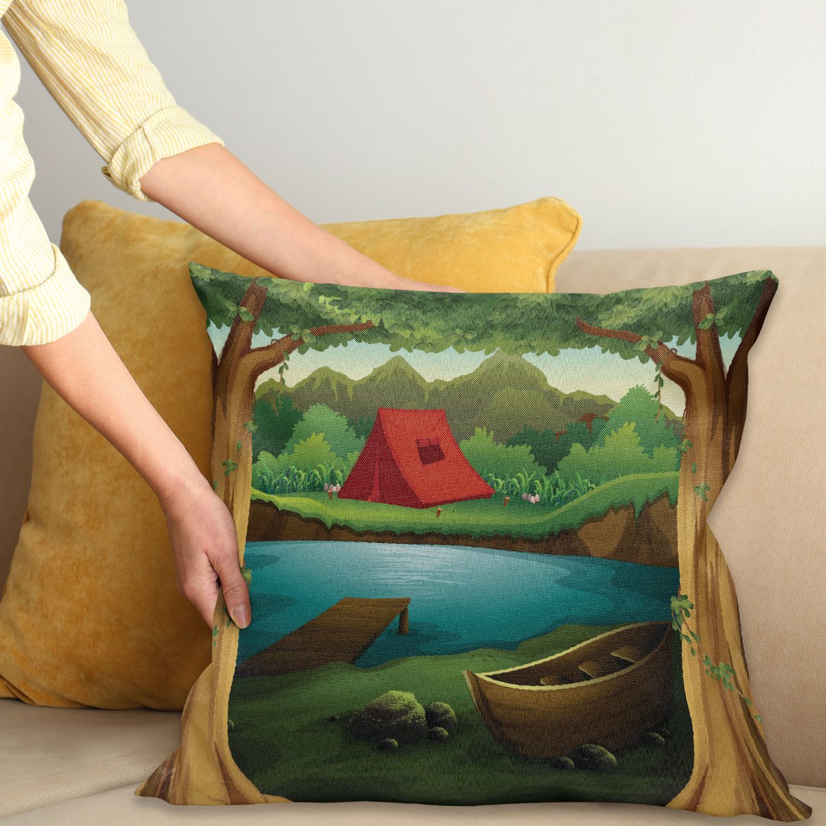 ABAKUHAUS Camping Sierkussenhoes, Idyllic Natuur Scene van een Deep Bos met Meer en Bergen Cartoon Bos, Decoratieve Vierkante Sierkussenhoes, 45 x 45 cm, Bruin Groen