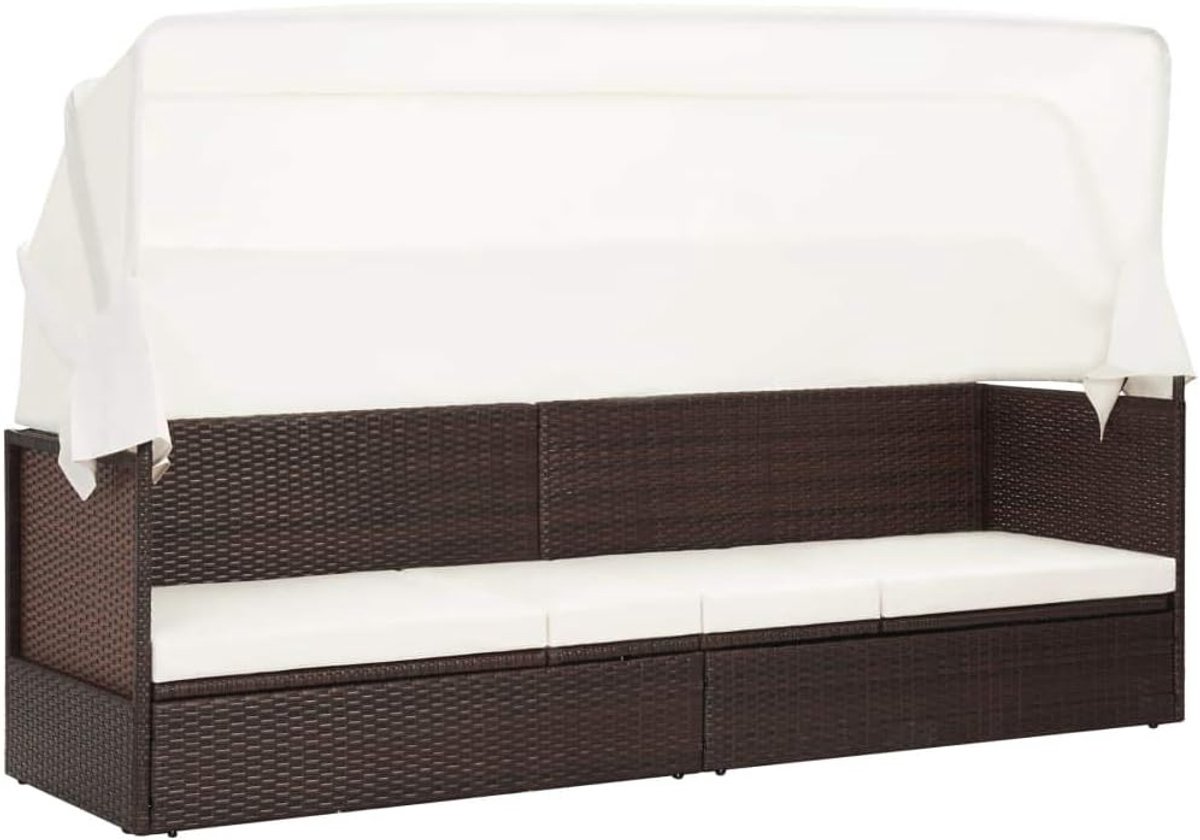 Tuinbank met zonnedak, outdoor bankbed, ligstoel, tuinbed, tuinbank, loungebed, tuinschelp, polyrotan, bruin