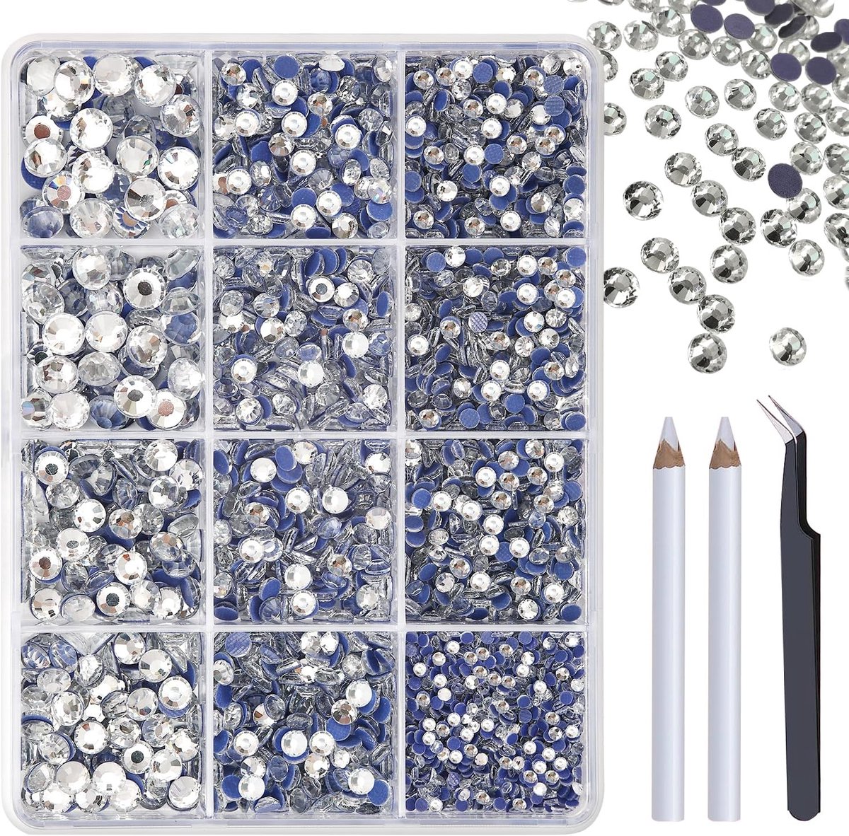 6800 stuks hotfix strass-steentjes, 5 maten, SS6, SS10, SS16, SS20, SS30, wit, hotfix, strasssteentjes, 2 steekpennen en 1 pincet, voor handwerk en kleding