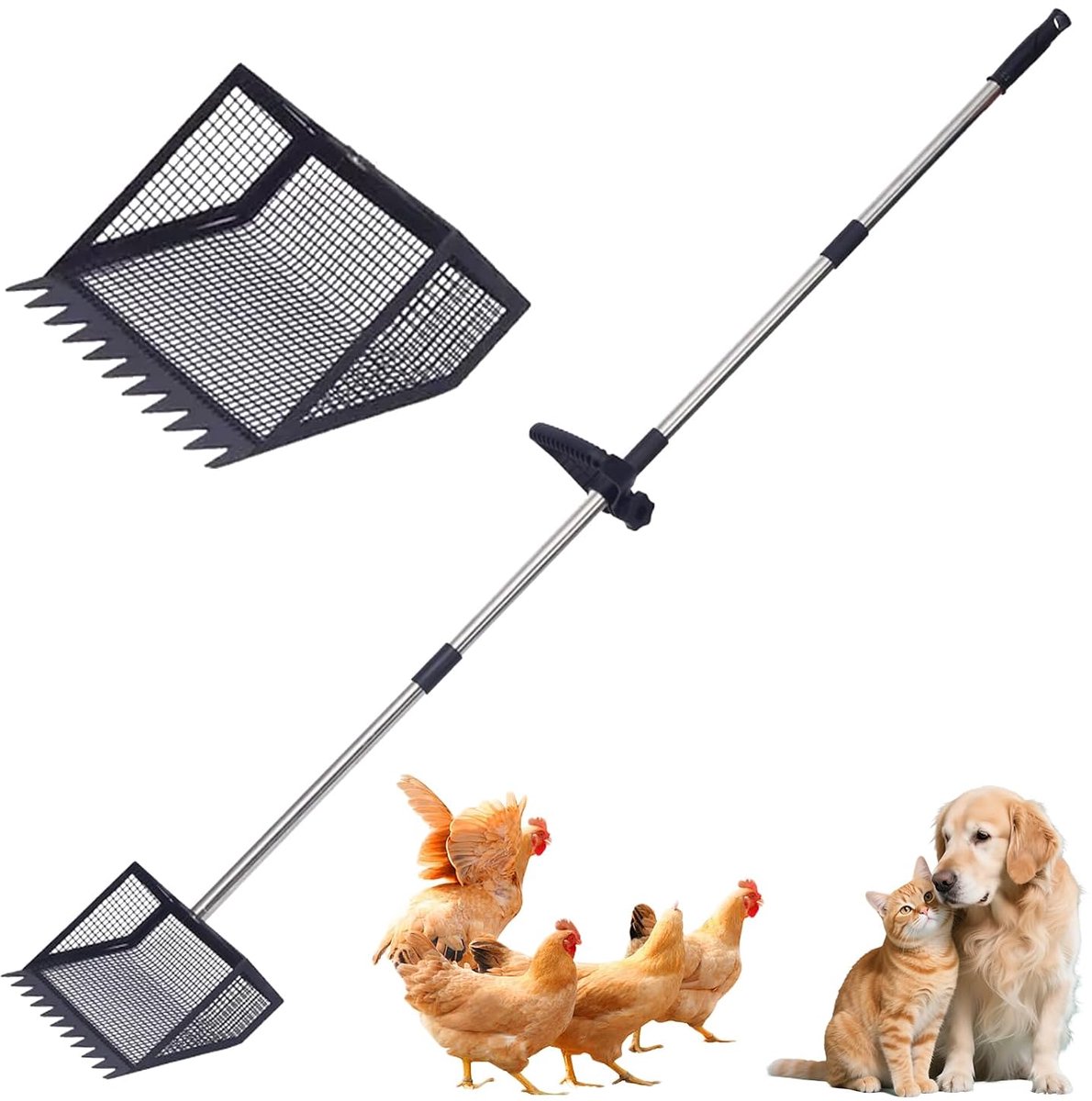 Kippenpoepschep met rubberen handgreep, 142 cm, verstelbare kippenhok, 25 cm breed, zeefschep van roestvrij staal, accessoires voor kippenuitloop, dierhok, kattenbakvulling