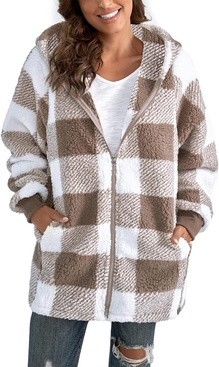 Dames Teddy Fleece Jas Warme Winterjas Met Capuchon Pluche Jack Karierd Loose Fit Zachte Gevoerde Jacke Met Rits En Zakken Voor Herfst Winter