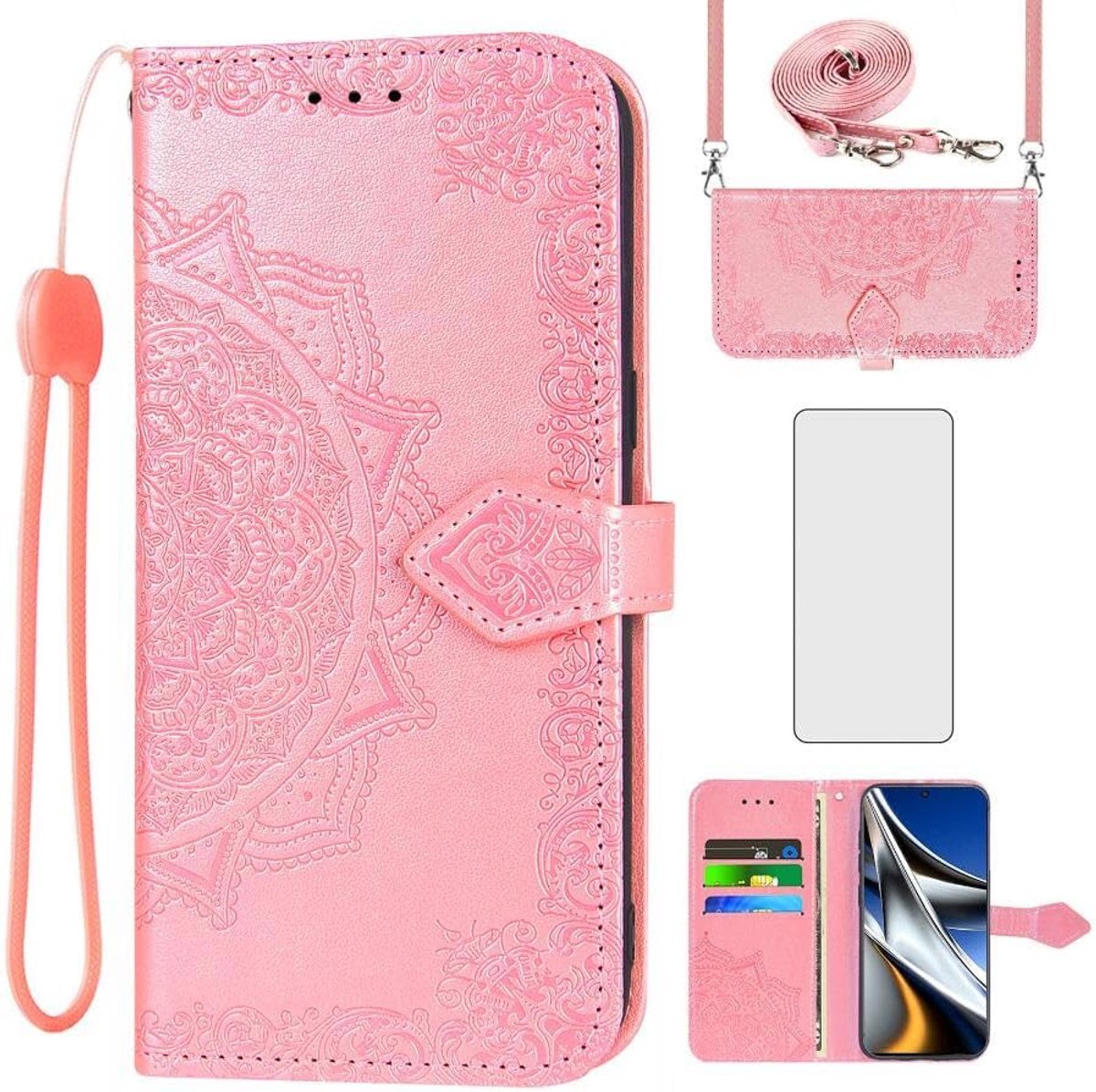 Hoes voor Xiaomi Poco X4 Pro 5G met Koord en Gehard Glas Screen Protector met Card Holder Stand Leather Wallet Flip Hoesje Mi PocoX4 4X X4Pro Telefoonhoesje Phone Cover Case Mandala Rosé Goud