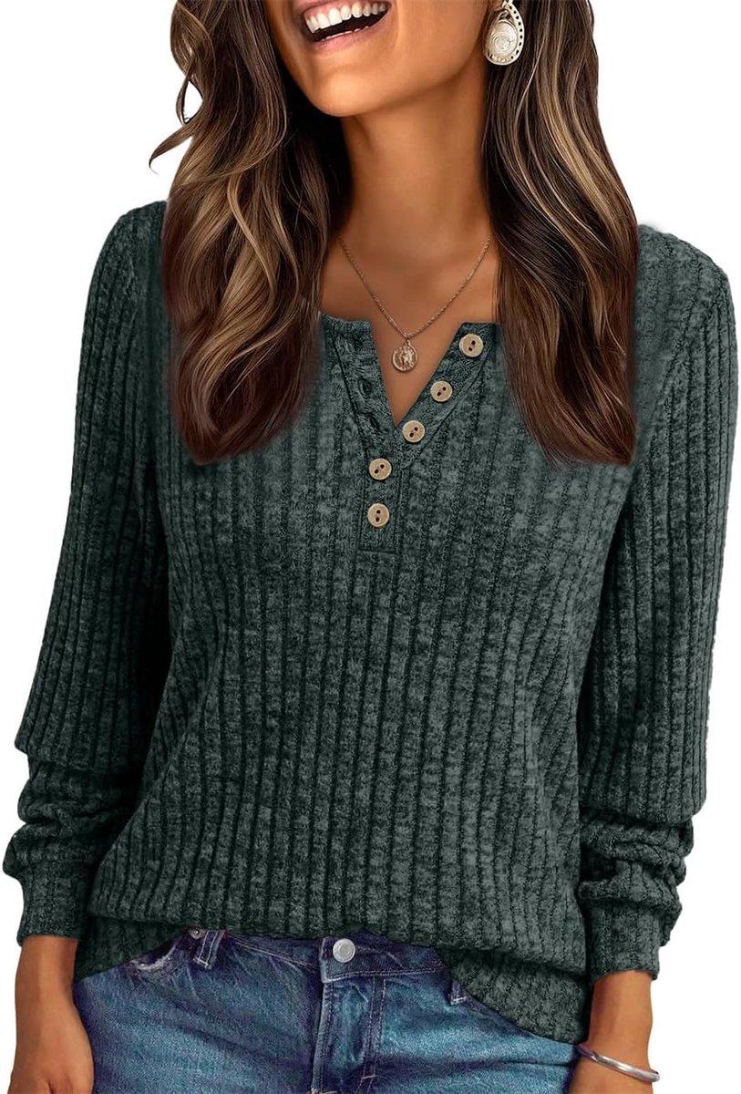 Dressy Casual Lange Mouw Geribbelde T-shirts Tuniek Tops Losse Fit Sweatshirts Shirts