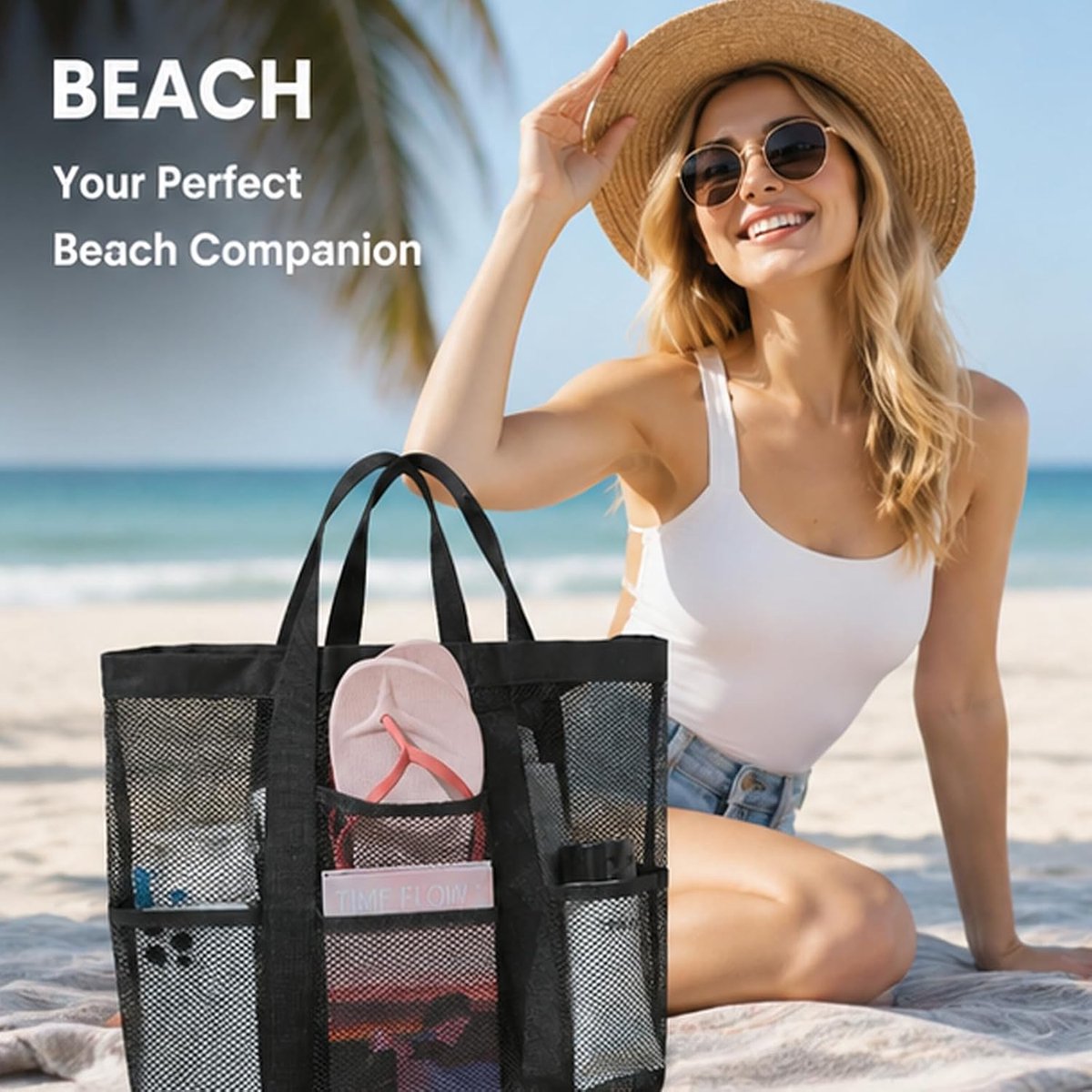 Mesh stranddraagtas, multi-pocket zandbestendige sneldrogende zwembadzwemtas, opvouwbare strandhandtas voor vrouwen mannen strand vakantie gym camping picknick reizen dagelijks gebruik