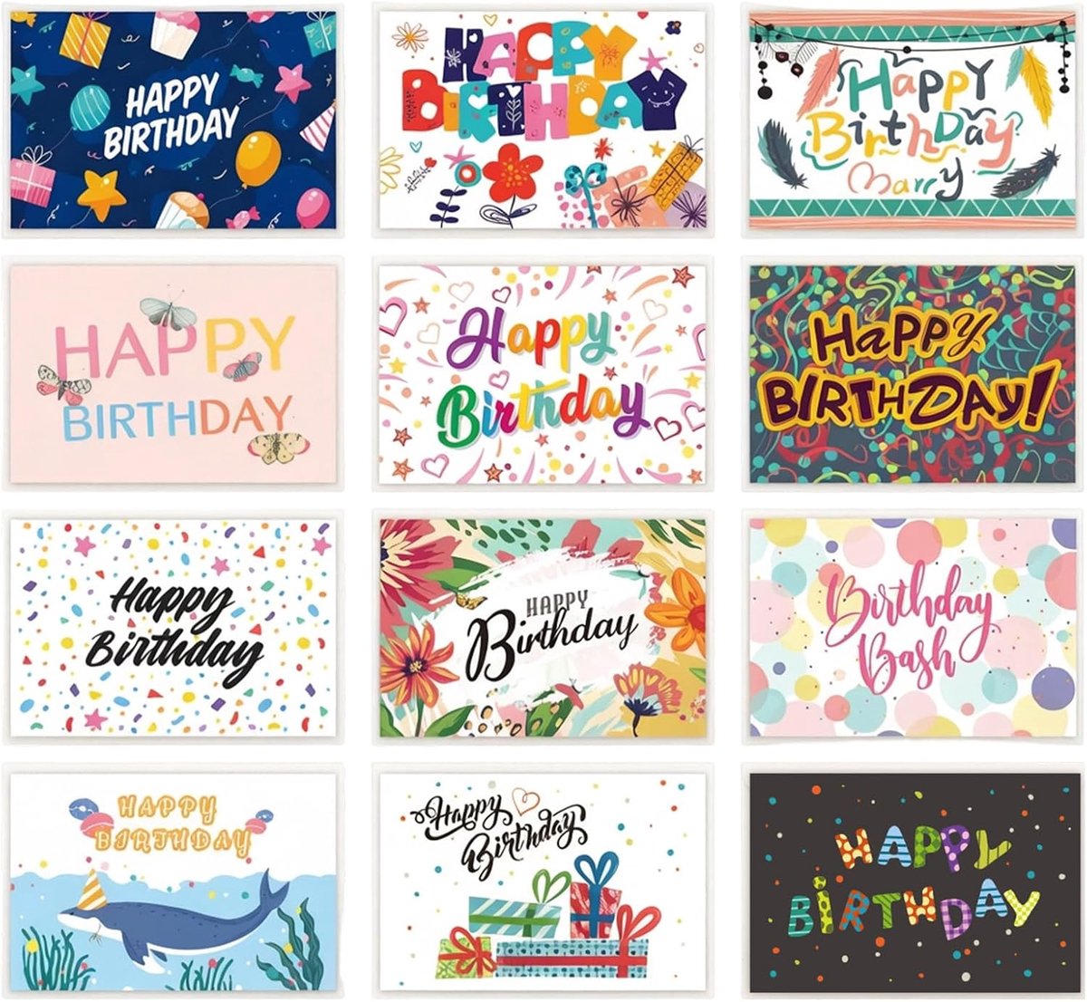 12 stuks verjaardagskaarten, Happy Birthday-kaarten, verjaardagskaarten met 12 enveloppen, verjaardagskaart, Happy Birthday-kaart voor heren en meisjes (B)