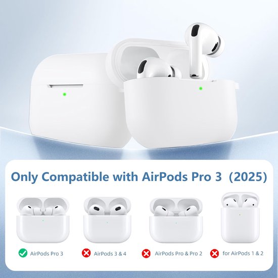 Compatibel met AirPods Pro 3 Case 2025 - Schokbestendige siliconen hoes voor Apple AirPods Pro 3e generatie bescherming met reinigingsset en karabijnhaak [zichtbare led], wit — afbeelding 2